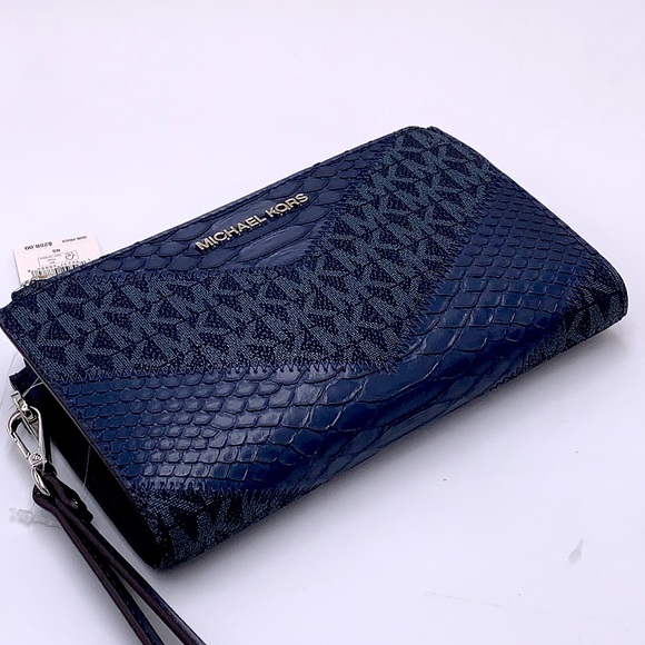MICHAEL KORS LG DOUBLE ZIP WRISTLET WALLET NAVY MULT Crocodile Leather Snakeskin - Picture 9 of 14